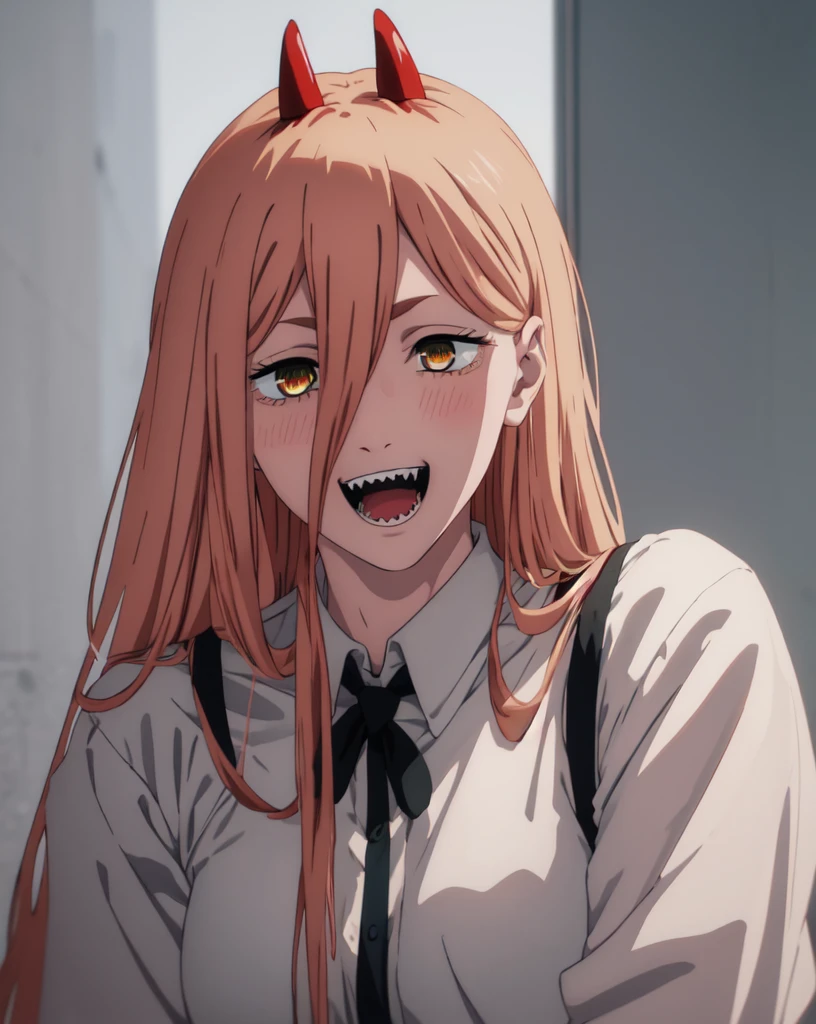 best quality, masterpiece, highres, solo, (power_chainsawman:1.10), 1girl, sharp teeth, portrait, open mouth, looking at viewer, smile, blush, parody, scene reference, anime_style, 10, upper half body covered, hd quality