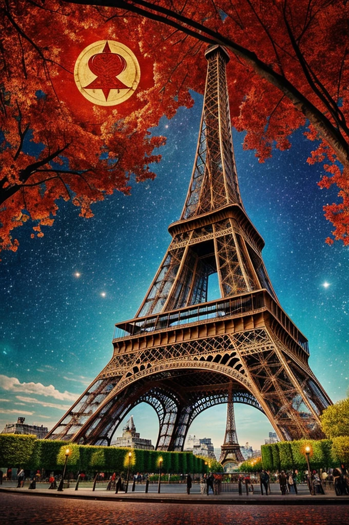 Draw the Eiffel Tower in the style of van Gogh in a modern version revealing the astrological sign Leo in red on the Eiffel Tower
