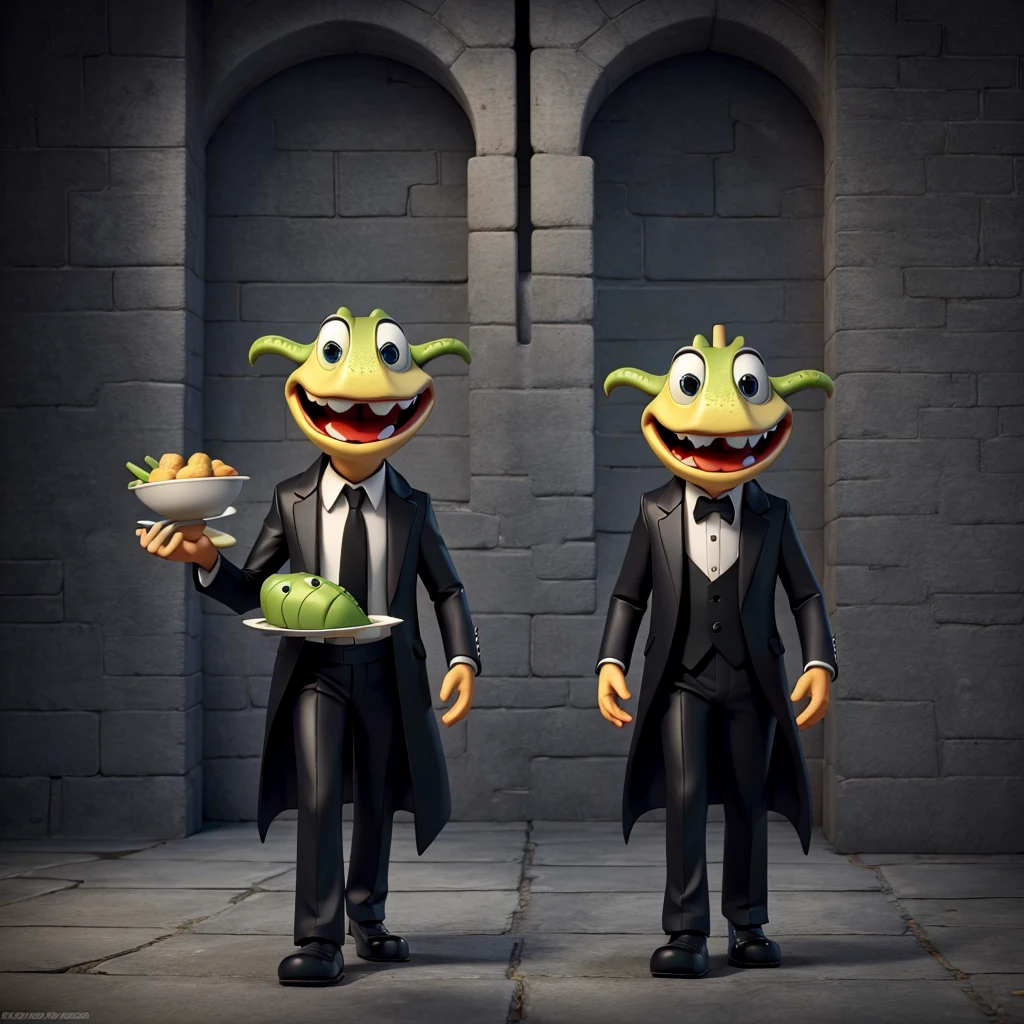 A humanoid alligator with a long mouth,holding 2 plates, 1 in each hand,who wears a black suit