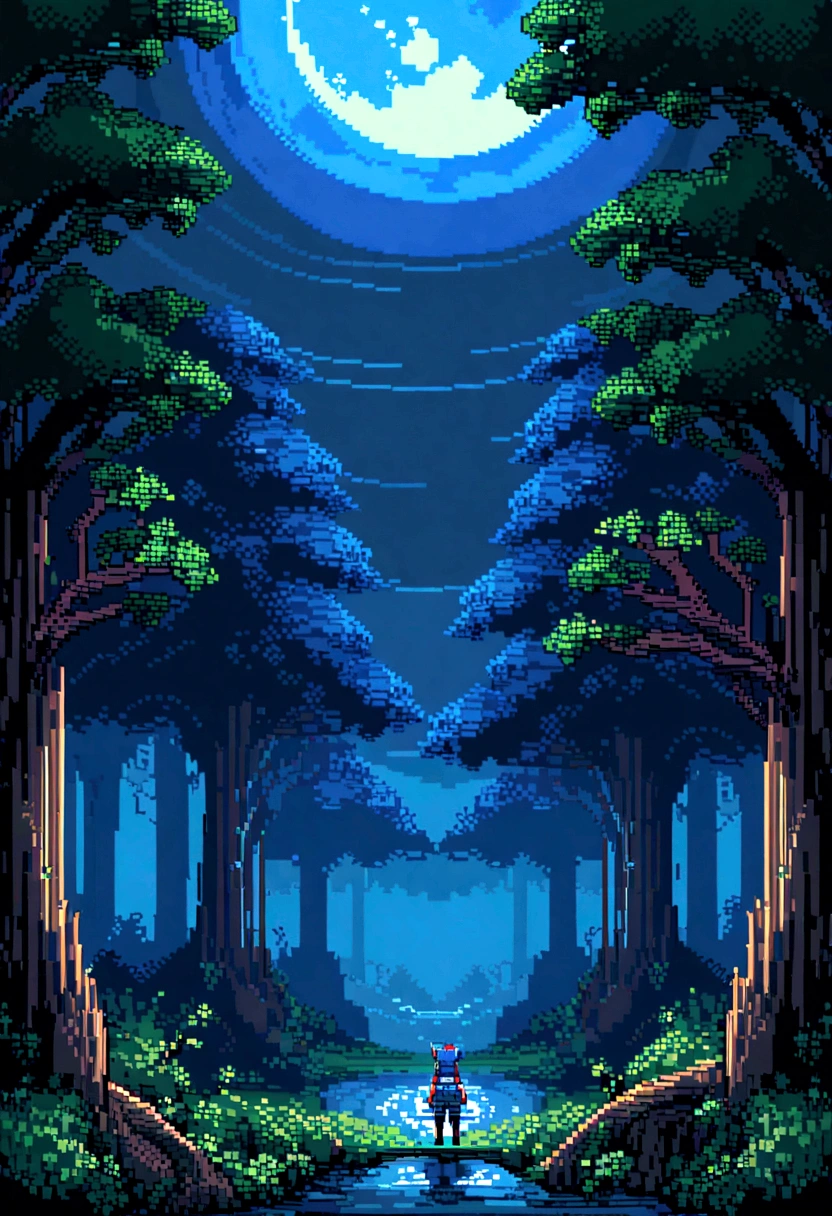 pixel art sky. the forest, blue night, moon on the right, blue moon, Blue light, темная ночь3d pixel art 4k обои. Incredibly detailed pixel graphics. pixel art. Detailed pixel graphics of an unreal engine