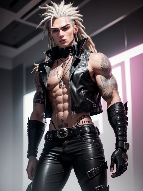 25 year old androgynous man in Wolf style, from DC comics, with dreadlocks, intergalactic anti-heroine, known for her cruelty and sarcastic behavior.. He is depicted as an alien humanoid with pale white skin., long black dreadlocks, and super muscular physique in tight black leather pants.. His bright red eyes give his appearance a menacing cast... Often dressed in an open black leather vest., tight pants,belt holster and heavy boots, he has a punk rock look. With tattoos and scars all over my body, emphasizing his seasoned character.,