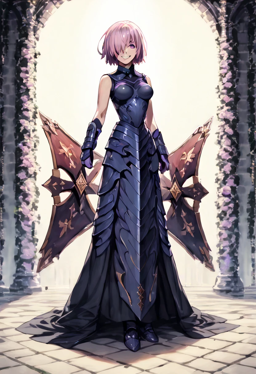 full body, masterpiece, best quality, 1girl, (detailistic), dark armor, dark cross shield, mash kyrielight, light purple hair, short hair, hair over one eye, smile, slim body, detailed eyes, ultra-detailed, hyper-realistic, 8k, cinematic lighting, dramatic lighting, dramatic atmosphere, intricate details, exquisite details, flawless skin, beautiful face, elegant pose, powerful presence, captivating expression, vibrant colors, stunning contrast