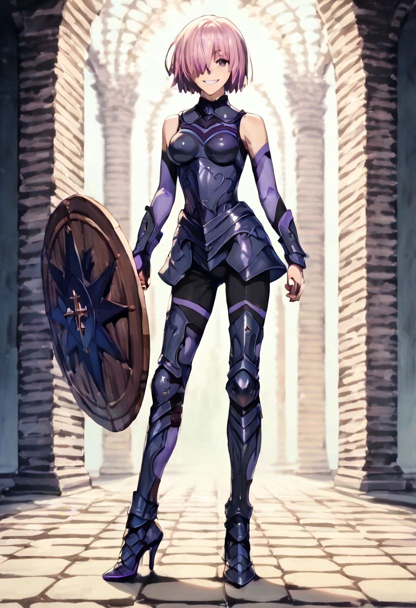 full body, masterpiece, best quality, 1girl, (detailistic), dark armor, dark cross shield, mash kyrielight, light purple hair, short hair, hair over one eye, smile, slim body, detailed eyes, ultra-detailed, hyper-realistic, 8k, cinematic lighting, dramatic lighting, dramatic atmosphere, intricate details, exquisite details, flawless skin, beautiful face, elegant pose, powerful presence, captivating expression, vibrant colors, stunning contrast
