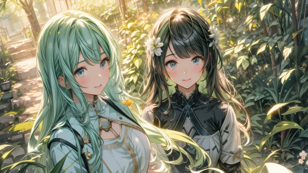 anime characters in a garden with a ray of sun, two beautiful anime girls, 4K anime style, Wlop and Sakimichan, detailed digital anime art, artwork in the style of guweiz, detailed anime illustrations, High quality 8K detailed art, anime art wallpaper 4k, anime art wallpaper 4k, anime girls, loish and wlop