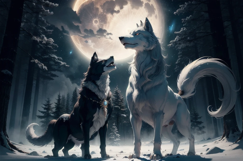 1 Big Wolf, King pause, mythical creature, a Fenrir with blue eyes standing on top of a snowy mountain. Big wolf white fur. Glowing eyes. Nighttime. Large landscape. Looking towards the moon,(glowing eyes:0.9), red fur, elegant posture, (spiritual aura:1.2), flowing mane, (floating in the air:1.3), mysterious, (wisdom:1.1), seductive, (enchanted forest background:1.4), moonlit night, magical, ancient, (ethereal glow:1.2), (translucent tails:1.1), mythical powers, (misty atmosphere:0.8), divine, (celestial beings:1.3), (fierce protector:1.2), alluring, (fading into shadows:0.9).