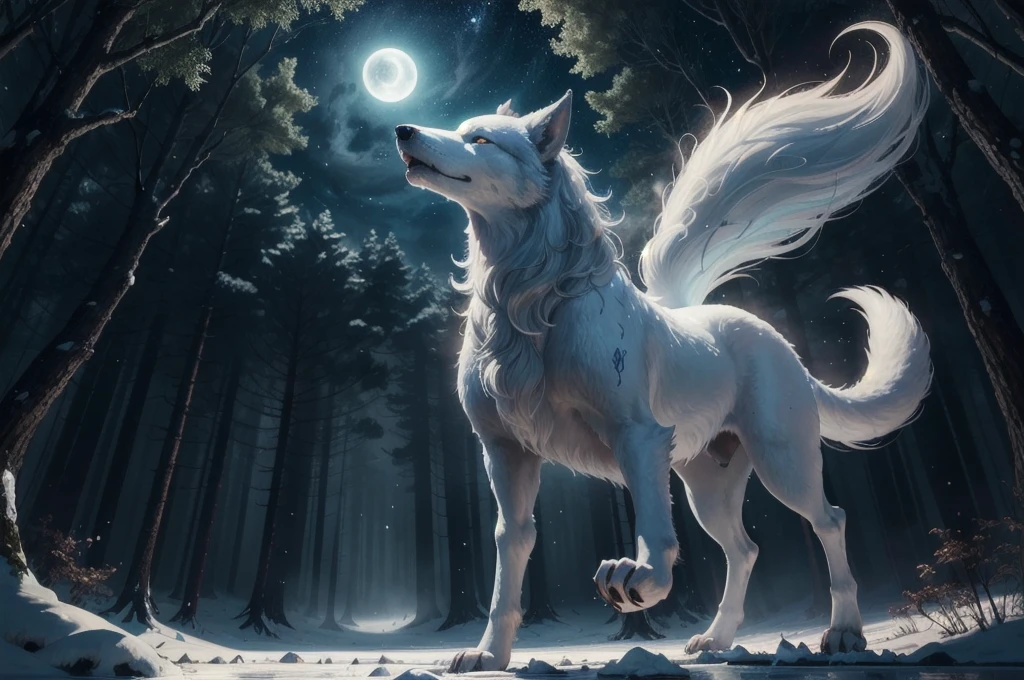 1 Big Wolf, King pause, mythical creature, a Fenrir with blue eyes standing on top of a snowy mountain. Big wolf white fur. Glowing eyes. Nighttime. Large landscape. Looking towards the moon,(glowing eyes:0.9), red fur, elegant posture, (spiritual aura:1.2), flowing mane, (floating in the air:1.3), mysterious, (wisdom:1.1), seductive, (enchanted forest background:1.4), moonlit night, magical, ancient, (ethereal glow:1.2), (translucent tails:1.1), mythical powers, (misty atmosphere:0.8), divine, (celestial beings:1.3), (fierce protector:1.2), alluring, (fading into shadows:0.9).