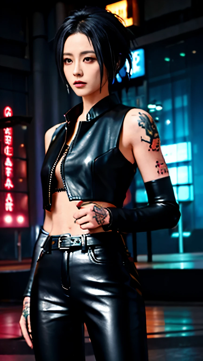 (highest quality),masterpiece,Super detailed,8K, UHD,Beautiful woman,japanese woman,No expression,whole body,((tattoo)),slim,black leather pants,black leather vest,(female mafia),gangster,(cyberpunk city),night,cinematic lightening,underworld