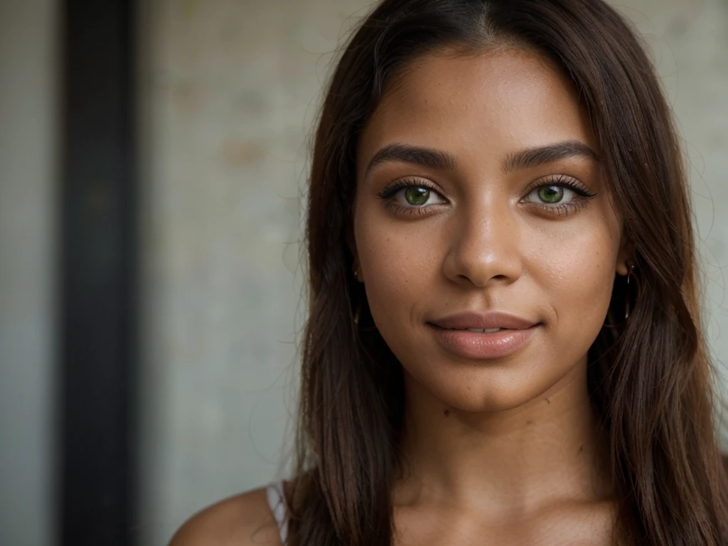 Picture a stunning 23-year-old digital influencer with a radiant smile, hispanic, brown skin, and captivating green eyes. She rocks vibrant peach curly hair, complemented by makeup that perfectly matches the color palette. Adorned with maxi earrings, she exudes confidence in a top-notch fashion ensemble, strolling through the vibrant streets of Rio de Janeiro City.