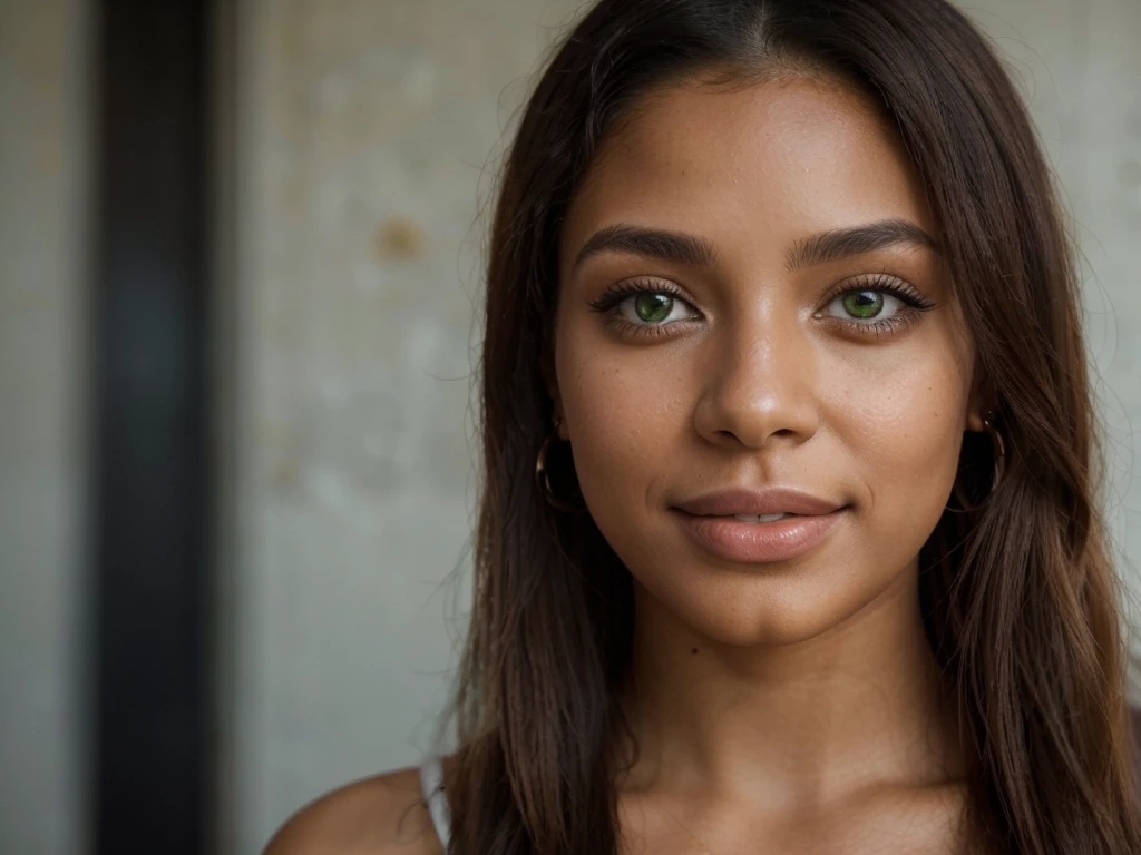 Picture a stunning 23-year-old digital influencer with a radiant smile, hispanic, brown skin, and captivating green eyes. She rocks vibrant peach curly hair, complemented by makeup that perfectly matches the color palette. Adorned with maxi earrings, she exudes confidence in a top-notch fashion ensemble, strolling through the vibrant streets of Rio de Janeiro City.