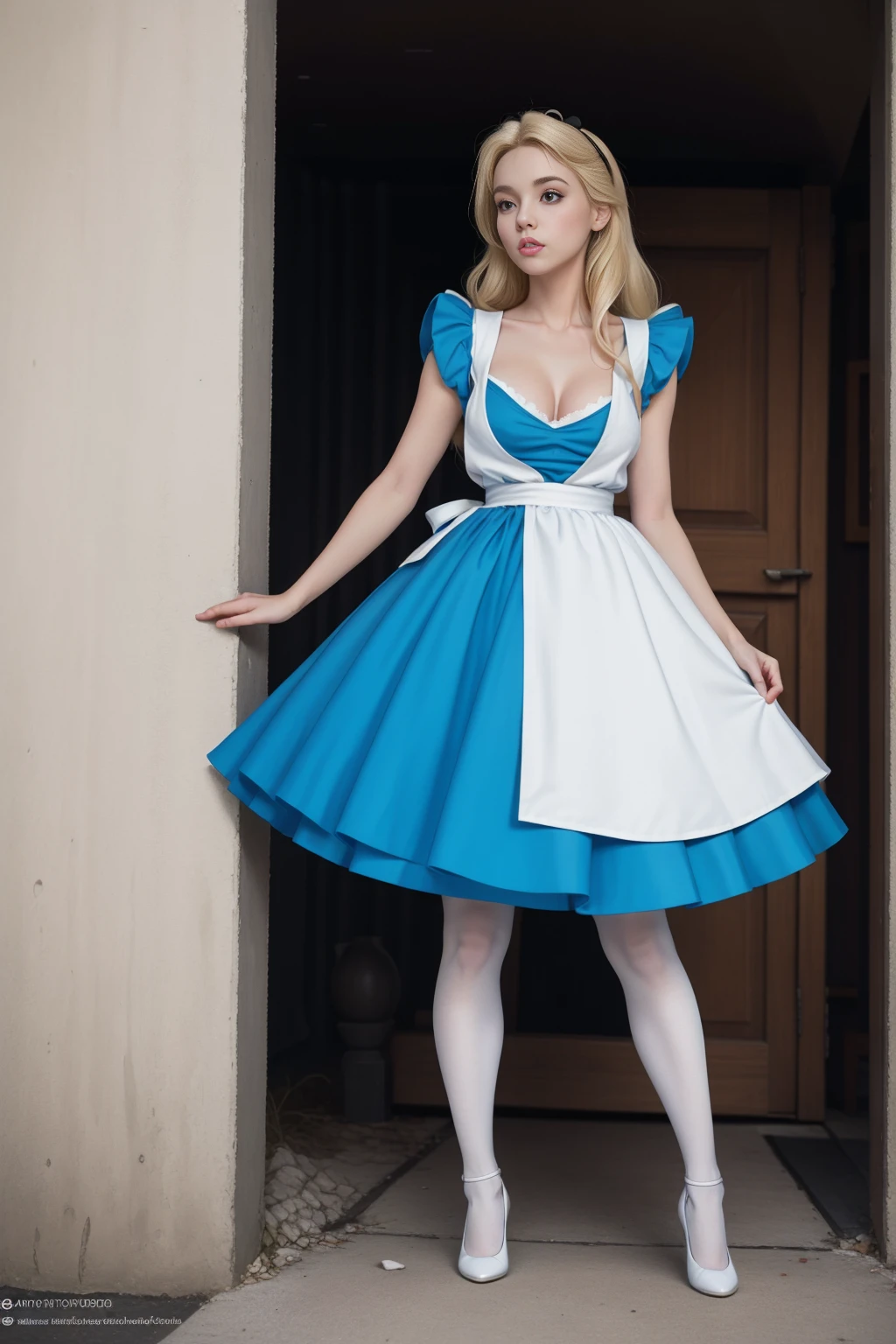 masterpiece, 1girl, solo, make her a sexy Alice in Wonderland with blonde hair, powder blue dress with white apron, white PANTYHOSE, cleavage, dynamic, ultra high def, 32k, (perfect anatomy:1.5), perfect legs, in the style of Artgerm and Adam Hughes, perfect arms, downblouse, black shoes