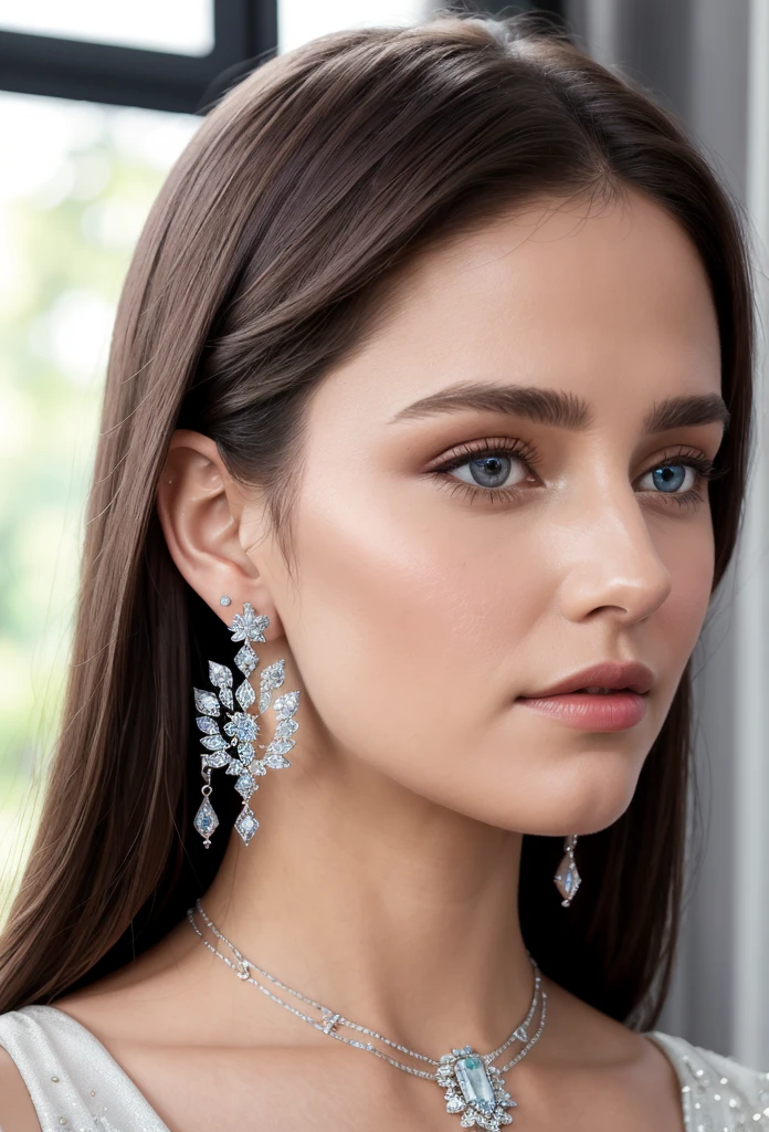 (masterpiece, best quality), intricate details, realistic, photorealistic, a close up of a woman wearing earrings, inspired by Emma Andijewska, draped in crystals, silver color, long earrings, sandra chevier, huge earrings, 2019, blue-eyed, platinum jewellery, earring, flawless structure, silver earring,  