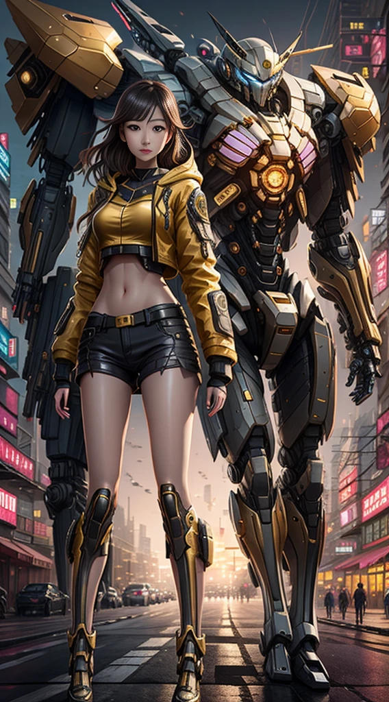 ((best quality)), ((masterpiece)), (detailed), 1girl, 8k_wallpaper, extremely detailed eyes, extremely detailed body, (large masterpiece digital art), ((perfect anatomy huge chest)), (intricate details:1.3 ), (ultra-detailed:1.3), (sharp focus:1.3), (natural lighting:1.05), (best quality:1.4), high quality, expressive eyes, full body, tall girl, detailed face, beautiful face, perfect face, detailed ((blonde hair)), (gold eyes), ({dark skinned female}), gigantic breasts, thick thighs, strong arm and leg muscles, strong abdominal muscles, Korean women, wearing a modern short black cloth jacket with rolled up sleeves, (wearing heavy gold colored steel cyber armor), a wide red leather belt with blue steel yarn, steel boots, steel thigh guards, a walkie-talkie attached to his belt, a hiking backpack on his back, riding a motorcycle through Seoul at night, cyberpunk,
