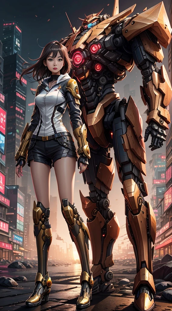 Boutique,best quality,Gold jewelry,(slip out feet),Fairy skin,(Fidelity :1.2),Standing,Super Detailed,realistic,High quality,Movie Light,Ray tracking,Ultra HD,Upper body
Girl in shorts and jacket standing next to giant robot, Guweiz style artwork, CyberPunk mech, Trends on CGSTATION, Guweiz, Russell Dongjun Lu, digital cyberpunk anime art, Ross Tran 8 K, Guweiz on ArtStation Pixiv, Girl in mecha network armor