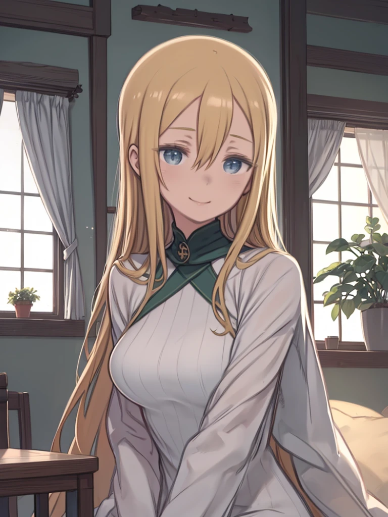 One Mature Woman、Long blonde、Hair between the eyes、Big Breasts、(Green Turtleneck Sweater)、White Cape、Cottage window、Wooden table、Sitting in a chair、Sleepy eyes、Gazing into the distance、Looking out the window、Smiling、Flat Color、Potted plants、Light coming through the window、Particles of light、