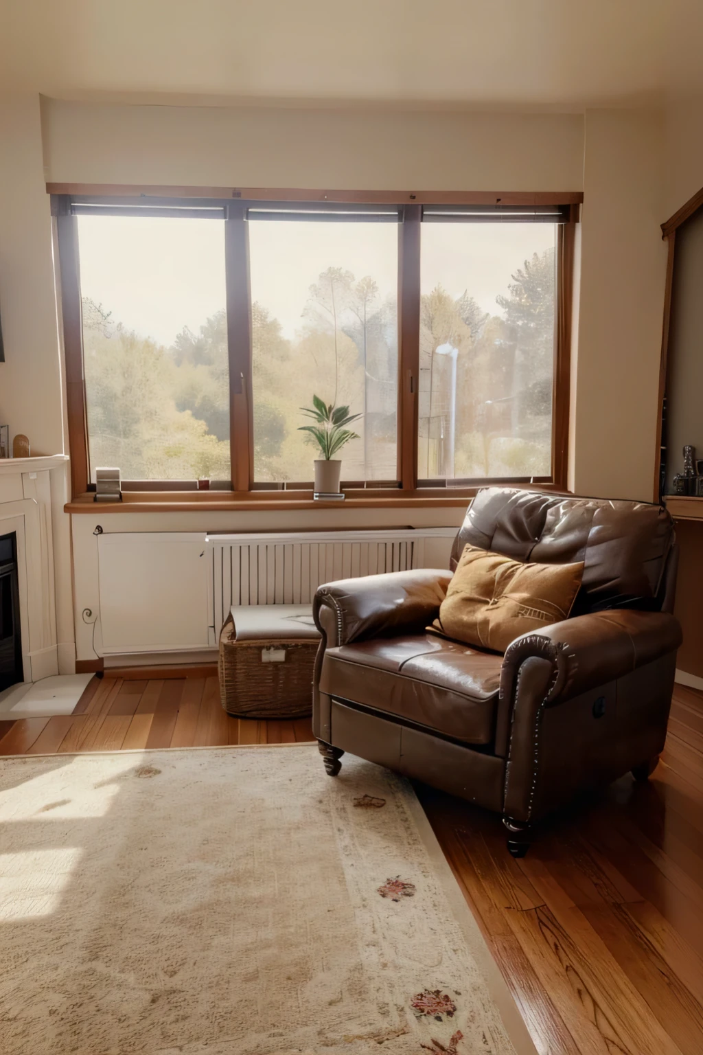 there is a living room with a couch, chair, and a fireplace, natural light in room, warm living room, sitting in rural living room, placed in a large living room, with backdrop of natural light, cosy atmoshpere, cozy arm chairs, cozy environment, large windows, natural light outside, relaxing environment, cozy place, cozy living room background