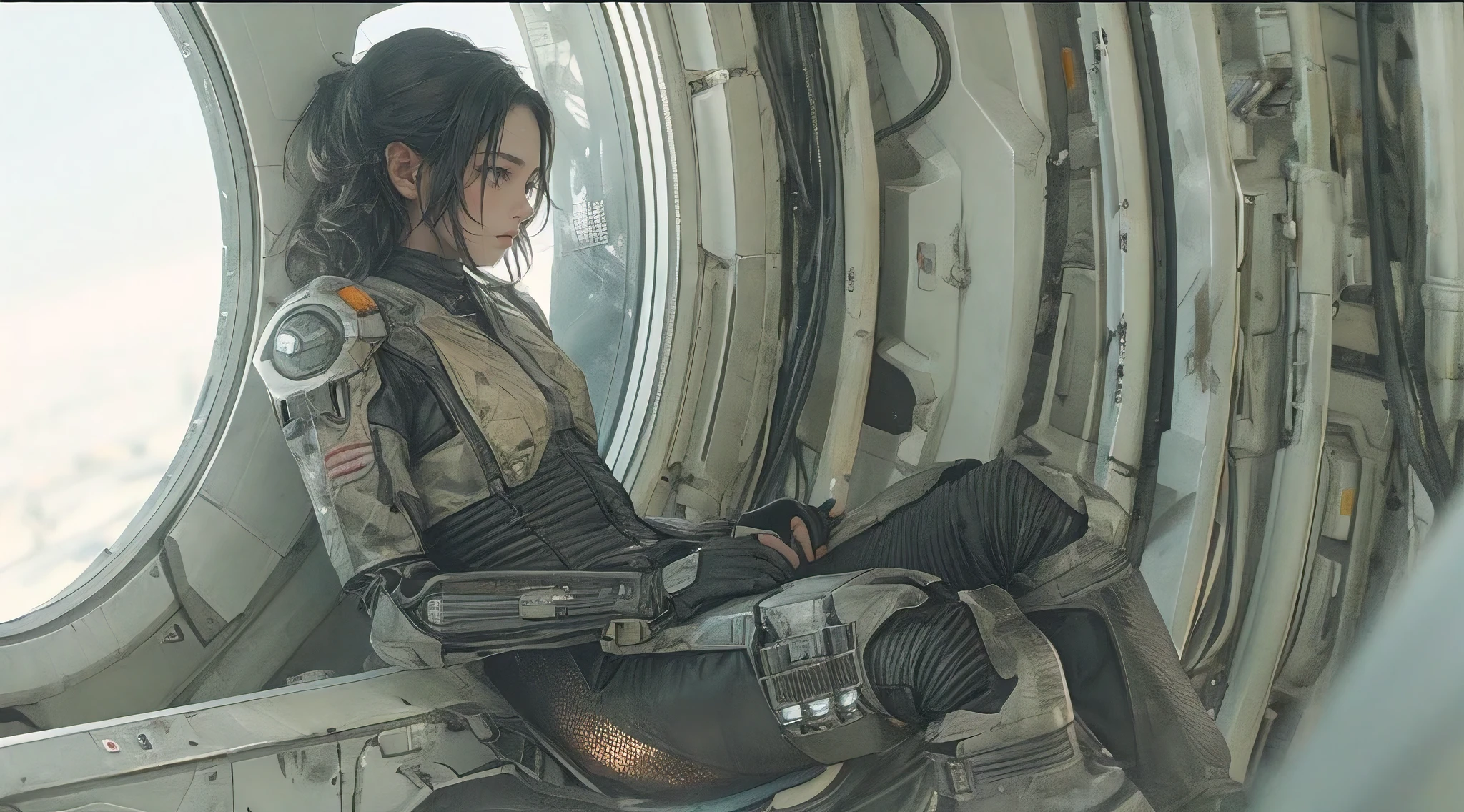 a female actress in a worn sci-fi starship, elegant sci-fi clothing, sci-fi character, doing everyday tasks, dramatic expression, medium shot, 8k, highres, realistic, detailed face, detailed eyes, detailed lips, sharp focus, cinematic lighting, muted colors, dramatic atmosphere, sci-fi concept artist