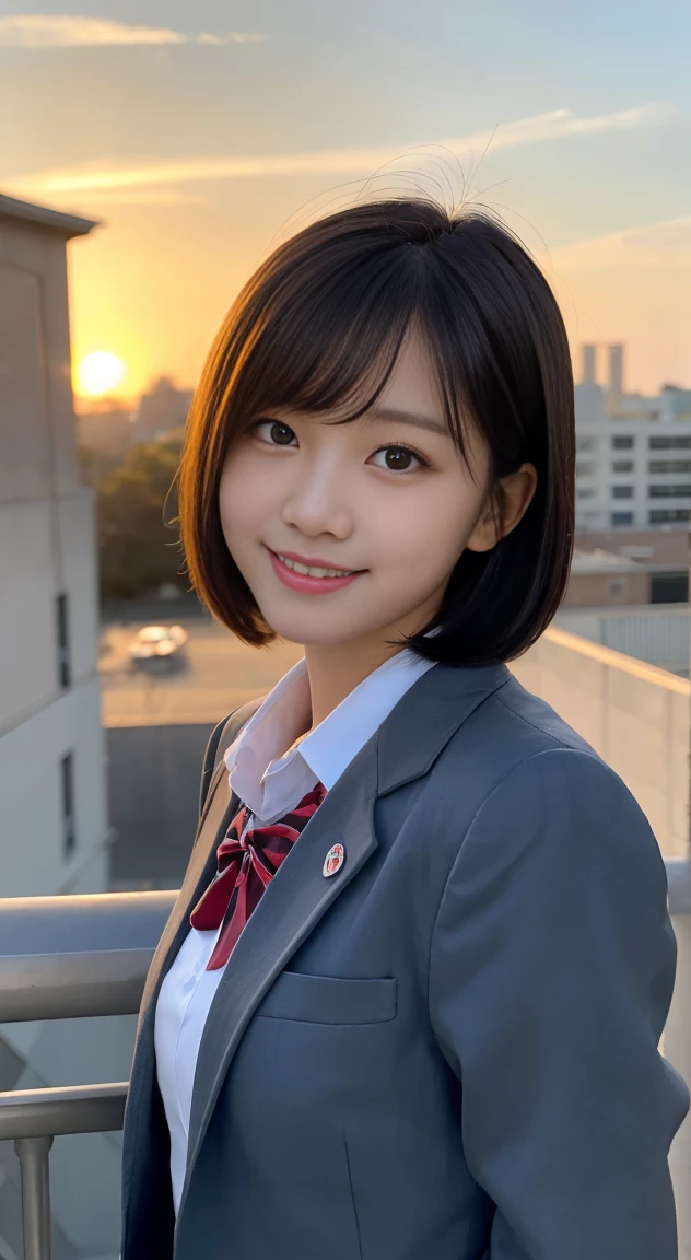 (top-quality,8K picture quality,masterpiece:1.3),(超A high resolution,Photorealsitic:1.4,Raw photography),(ultra-detailliert,Caustics,Detailed background),(Ultra-realistic capture,Beautifully detailed skin,perfect anatomia),at the sunset,Sunset sky,school buildings,school ground,18year old,kawaii,Single eyelid,Black hair short bob,School Blazer Uniform,Looking at the camera,A smile,Bust-up shot,natural soft light