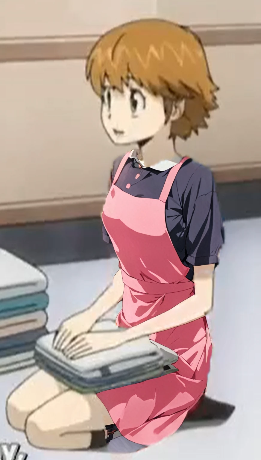 A Girl with a Pink dress With White shirt short slevees,