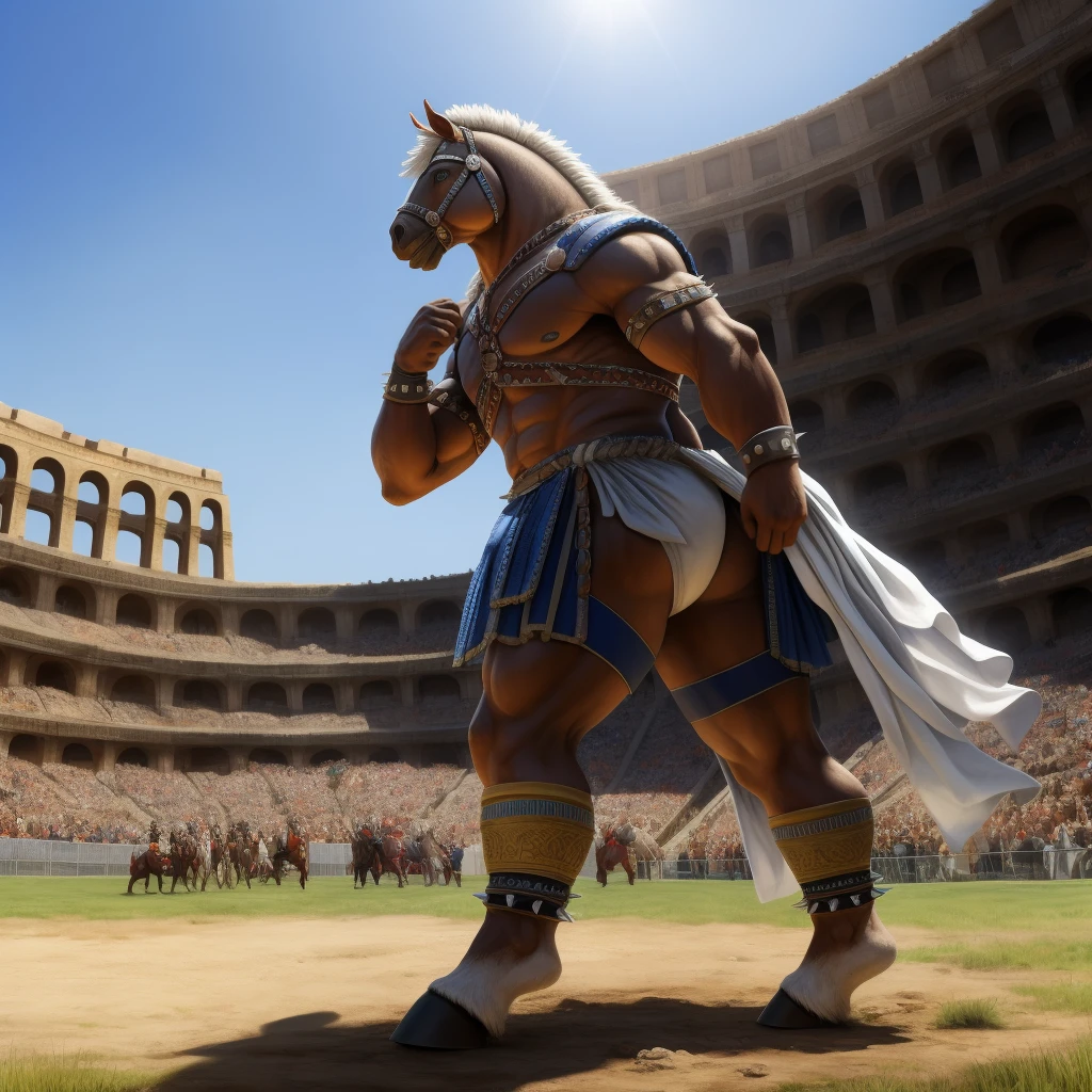 Furry, Kemono, Antropomorphic, Equine, solo, (Color White), Furry Antropometric legs, Two legs, Biped, Hooves, Antro body, Bigg Ass, Male Bulge, Full body, Braided Mane, Roman gladiator armor, Gladiator, Black leather harness, Spiked Anklet, White fitted fundoshi, Roman arena with public in the stands, Blue Sky Background with Green Grass Meadow, Blue Pupil Eyes, High Resolution, 4K Detailed, Good Lighting, Beautiful, Photorealistic, Realistic, White Fundoshi, tight loincloth, tale, tale horse