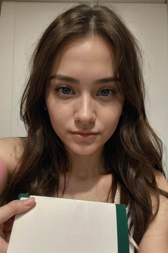 A hyper-realistic and ultra-detailed photograph of a 25-year-old woman front camera camera. She has long, flowing brunette hair cascading over her shoulders, and her captivating green eyes are bright and expressive.She is holding a blank white sheet of paper with her both hand. Her skin texture is incredibly realistic, showing natural variations and subtle details. The background is simple and unimportant, focusing solely on the woman taking the selfie with a white blank paper