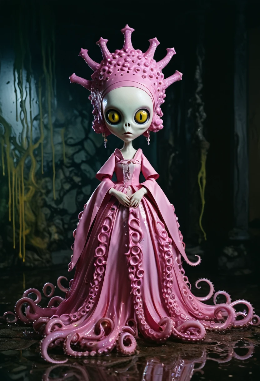 8K, ARTISTIC photogrAphy, best quAlity, mAsterpiece: 1.2), A (potrAit:1.2)  witch BLOOD Toon Doll Cthulhu nun QUEEN, EYES, PINK many octopus style tentacles, full body RAW candid cinema, yellow hair, 16mm, color graded portra 400 film, remarkable color, ultra realistic, sad admosphere, dark lighting, oppressive atmosphere, depressive colors, kodak portra 400, photograph,r, Natural Light, Pinhead lighgts, blur reflection, Brush Strokes, Smooth, abstract, Splatter, Oil On Canvas, rainbow colors, fractal isometrics details bioluminescens : a stunning realistic photograph of wet bone structure, 3d render, octane render, intricately detailed, titanium decorative headdress, cinematic, trending on artstation | Isometric | Centered