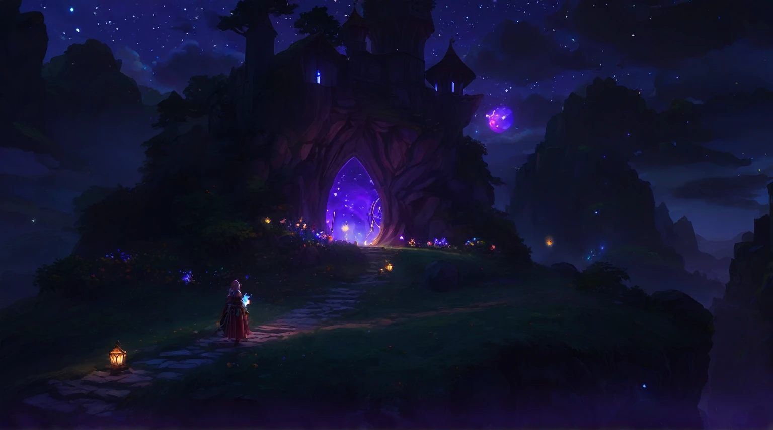 digital painting, mmorpg, cute style, medieval game, glowing effects in the background, glow effects, colorful, No characters, no characters, cute style, anime style, holiday, sky, звездное игровое sky с облаками, sky из игры, игровое sky, Game Location, haze glow, stars