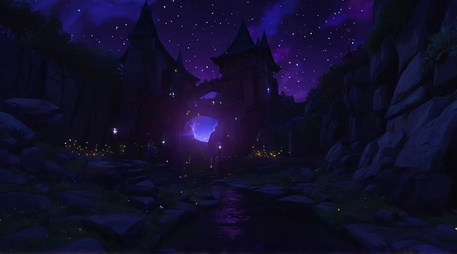digital painting, mmorpg, cute style, medieval game, glowing effects in the background, glow effects, colorful, No characters, no characters, cute style, anime style, holiday, sky, звездное игровое sky с облаками, sky из игры, игровое sky, Game Location, haze glow, stars