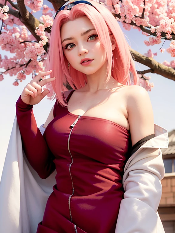 tmasterpiece， Best quality at best， 1girll， Sakura Haruno， Large breasts，Off-the-shoulder attire，（cleavage)，（upperbody closeup)，Raised sexy，is shy，ssmile，with pink hair， long whitr hair， （Green eyeballs:1.4)， Forehead protection， the cherry trees，Cherry blossoms flying，Red clothes，Zipper half