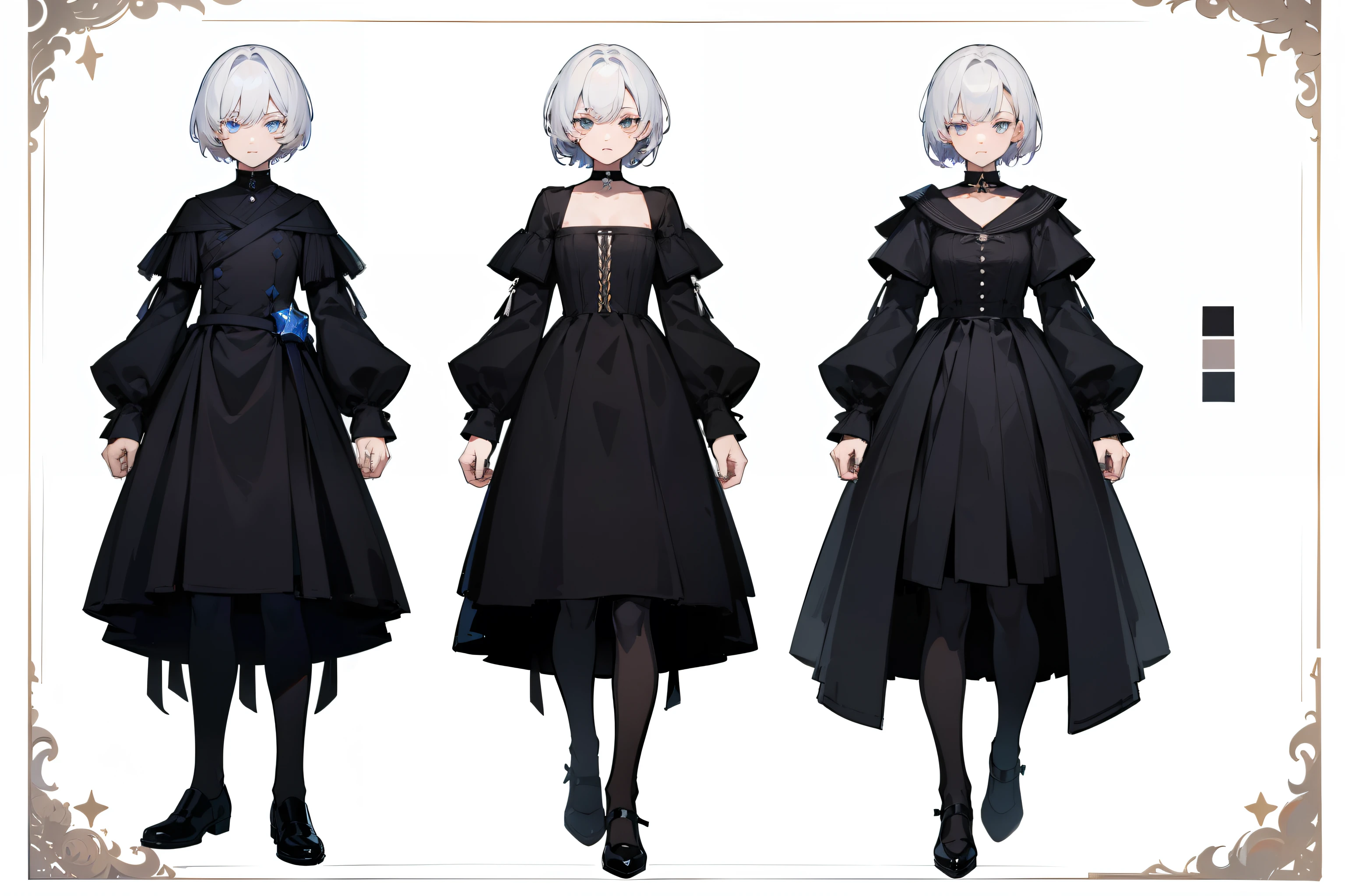 ((masterpiece, top quality)), detailed face, character sheets, full body, lesbian, Full of details, several poses and expressions, very detailed, depth, many parts, 1boys , Children All Over the Body,White hair，Black dye， mittens, stockings, black necklace, Eye, star (symbol), pupils in symbol shapes