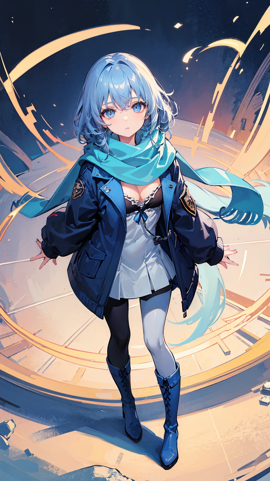 1girl,gripping Midjourney,blue hair, curly medium hair,light blue eyes, navy long Scarf,blue brassiere,blue miniskirt,light blue Pantyhose,blue long boots,masterpiece, best quality, high quality