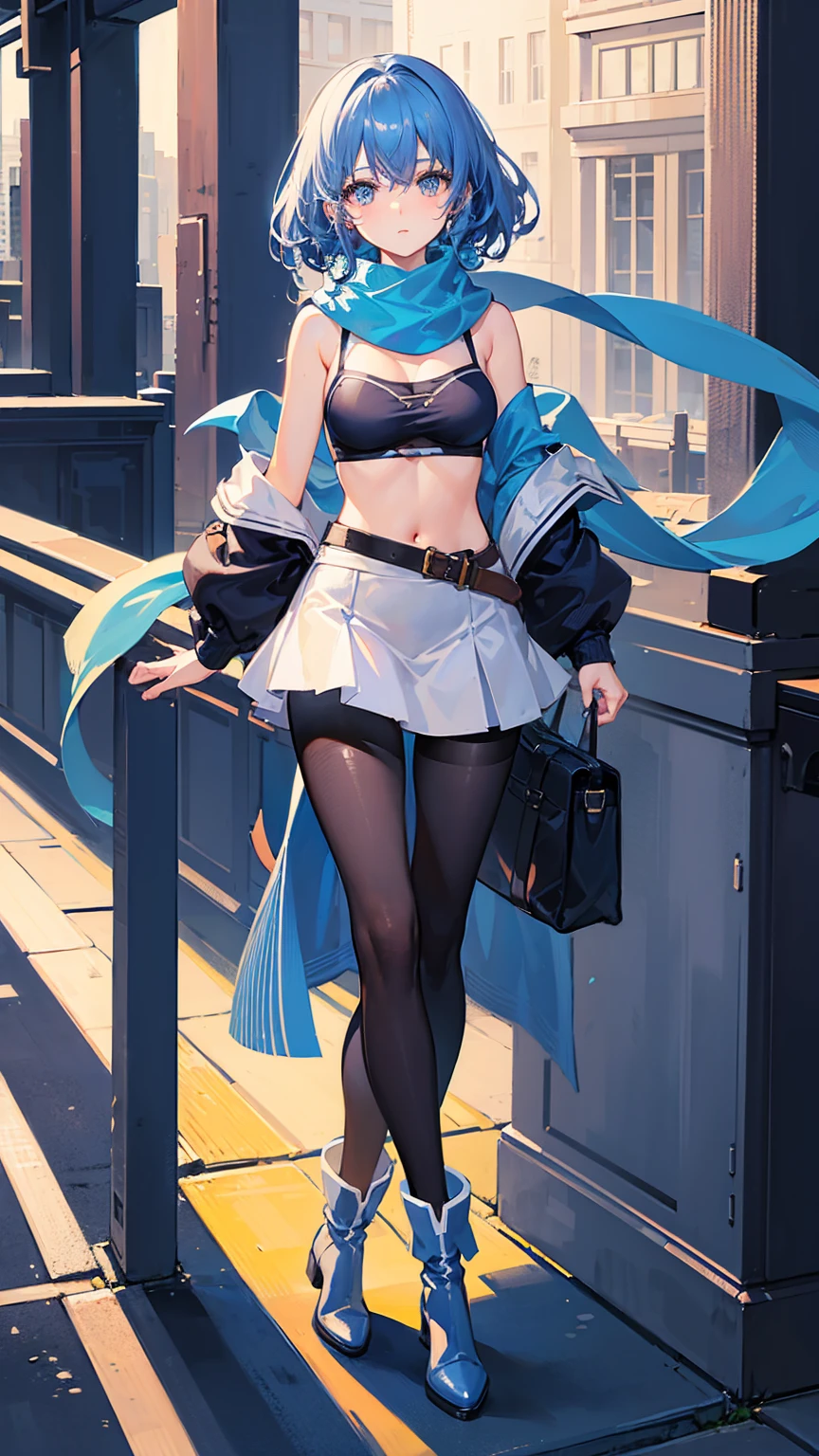 1girl,gripping Midjourney,blue hair, curly medium hair,light blue eyes, navy long Scarf,blue brassiere,blue miniskirt,light blue Pantyhose,blue long boots,masterpiece, best quality, high quality