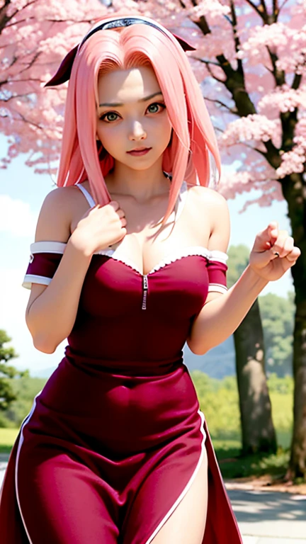 tmasterpiece， Best quality at best， 1girll， Sakura Haruno， Large breasts，Off-the-shoulder attire，（cleavage)，（upperbody closeup)，Raised sexy，is shy，ssmile，with pink hair， long whitr hair， （Green eyeballs:1.4)， Forehead protection， the cherry trees，Cherry blossoms flying，Red clothes，Zipper half