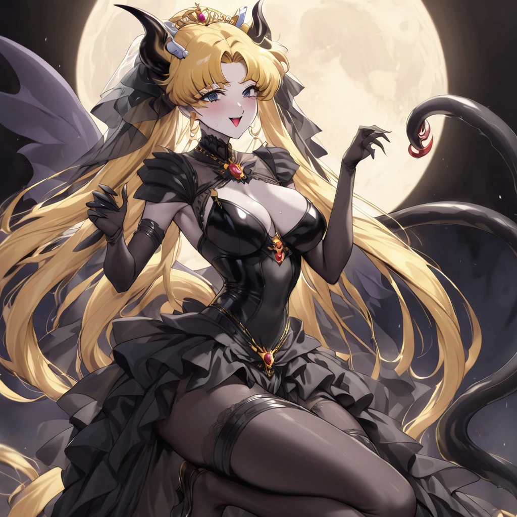 ((Highest quality)), ((masterpiece)), (detailed), (Perfect Face)、The woman is the demon queen Princess Serenity having sex with the demon king, and the woman is the jet black, sexy demon princess Serenity、The woman is a jet-black female demon with magnificent devil horns, jet-black devil wings, and a jet-black tail. Her skin is jet-black, and she is a devil bride wearing a luxurious black gothic Victorian wedding dress and a black wedding veil. She is the jet-black demon Princess Serenity, and has blonde hair with a happy expression as she looks at the camera.2The expression of a girl in love with her long hair tied up、She is Princess Serenity、Punishment pose on behalf of the moon