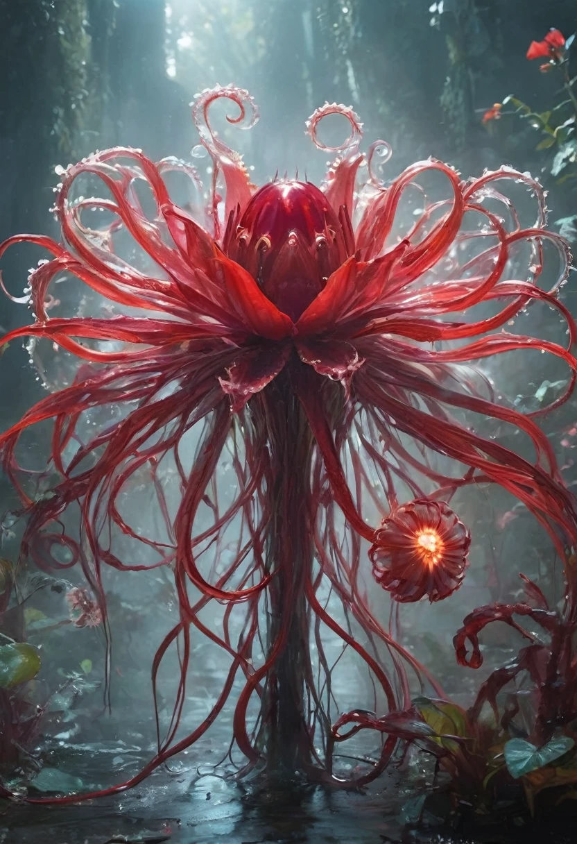 Magic plantloody ghost flower from the abyss, Ghost Flower,Blood-red tentacles stare at the dead,Enchantment,uncanny,terror