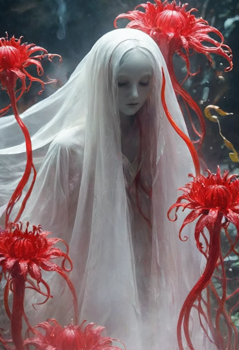 Magic plantloody ghost flower from the abyss, Ghost Flower,Blood-red tentacles stare at the dead,Enchantment,uncanny,terror
