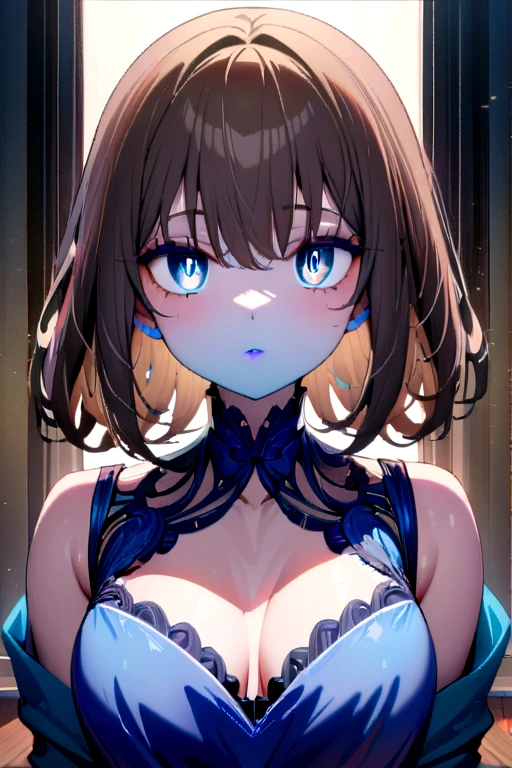 anime girl with brown hair. blue eyes. blue makeup, blue eye shadow. blue painted lips. blue dress. (Masterpiece:1.2), Best Quality, high resolution, unity wallpaper 8k, (illustration:0.8), (Beautiful detailed eyes:1.6), extremely detailed face, perfect lighting, Extremely detailed CG, (perfect hands, perfect anatomy),