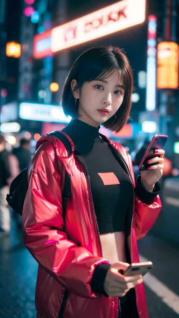 ((Beautiful girl holding a mobile phone in her hand)) 4K  8K:: Realistic::4. Cyberpunk::1 --v 4 --Quality 2  