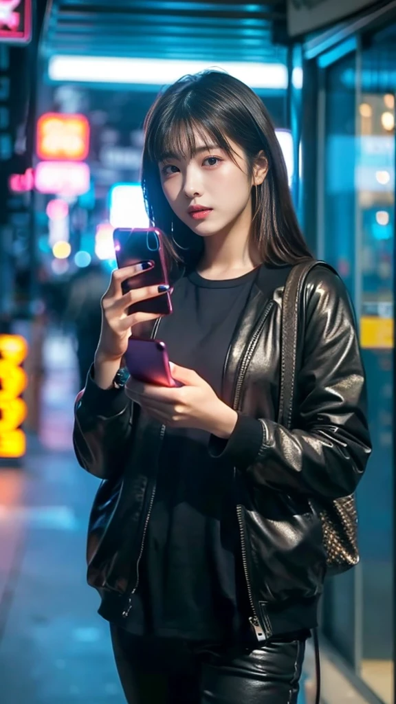 ((Beautiful girl holding a mobile phone in her hand)) 4K 8K:: Realistic::4. Cyberpunk::1 --v 4 --Quality 2