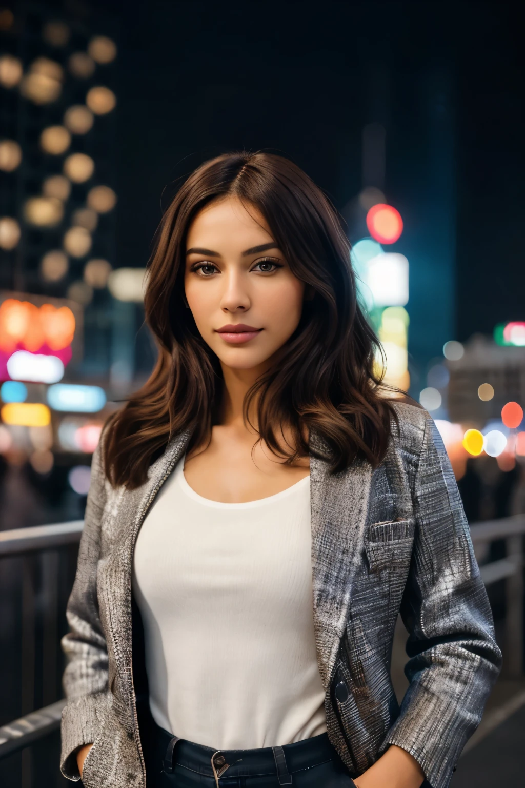Photorealistic, ultra-detailed, Handsome man, portrait photo, Solo, looking in the camera, standing up, bustling city skyline scene, bright, evening, cityscape with neon lights, urban vibe, brunette colour hair, twenty-five years old, charismatic, confident, dressing suit, high resolution, Masterpiece, Best quality, Intricate high detail, Highly detailed, Sharp focus, Detailed skin, realistic skin texture, texture, detailed eyes, professional, 4k, charming smile, shot on Canon, 50mm, wide depth of field, Kodak Vision Color, Perfect Fit Body, extremely detailed, photography_ultra