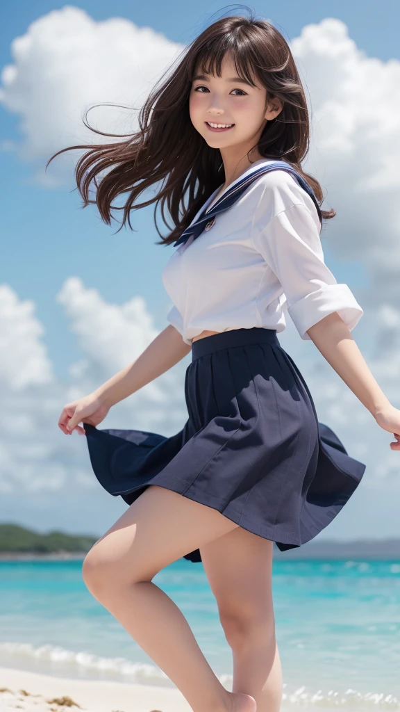 1girl,(((Okinawa ocean)))、(((White sand beaches in Okinawa)))、(((Just join your hands and pray)))、(((Mysterious look)))、8k UHD、Digital single-lens reflex camera、High resolution、Shallow depth of field、Natural light、(((Sailor suit)))、(((navy blue super mini skirt)))、(((A sparkling, charming smile)))、(((Full body photography)) )、Small person、(((Young face)))、1 Japanese female、;beautiful girl、(Black Hair)、A strong wind blows up my skirt、(((Brown eyes)))、Glowing Skin、Smooth Thinning Hair、Long Hair、Detailed background、Detailed eyes and face、Clear Eyes、Cute smile、Calm atmosphere、(((stage)))、(((Small breasts)))、(((Beautiful Eyes)))、Flat chest、Children、(((Toned thighs))) 、(((Angle from below) ))、(((Fine lips)))、(((Skirt fluttering)))、Shining beautiful legs、( Skirt fluttering violently in the strong wind :1.4), (hair blowing in the strong wind:1.4), (leaning forward)、barefoot、barefoot、((((A skirt flipped up by a strong wind))))