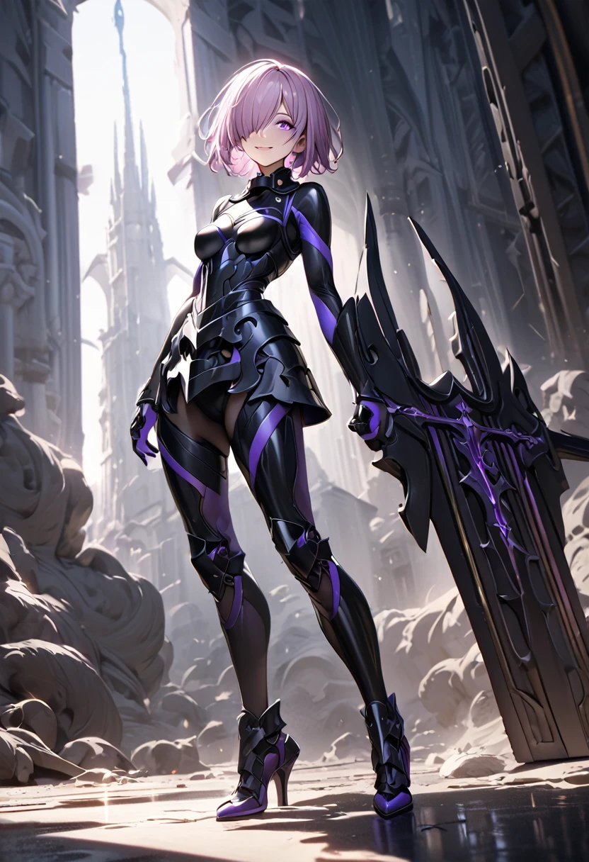 full body, masterpiece, best quality, 1girl, (detailistic), dark armor, dark cross shield, mash kyrielight, light purple hair, short hair, hair over one eye, smile, slim body, detailed eyes, ultra-detailed, hyper-realistic, 8k, cinematic lighting, dramatic lighting, dramatic atmosphere, intricate details, exquisite details, flawless skin, beautiful face, elegant pose, powerful presence, captivating expression, vibrant colors, stunning contrast