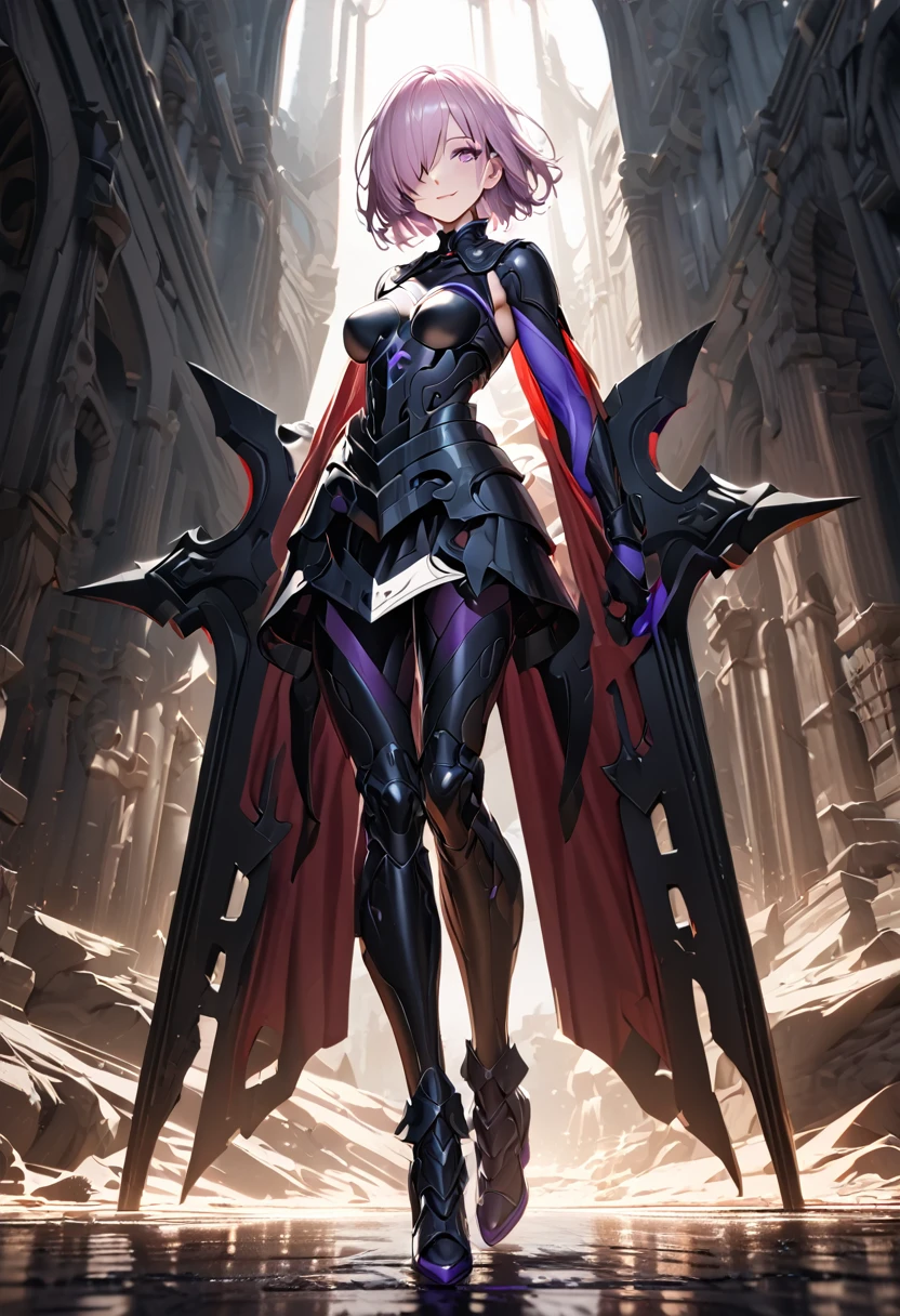 full body, masterpiece, best quality, 1girl, (detailistic), dark armor, dark cross shield, mash kyrielight, light purple hair, short hair, hair over one eye, smile, slim body, detailed eyes, ultra-detailed, hyper-realistic, 8k, cinematic lighting, dramatic lighting, dramatic atmosphere, intricate details, exquisite details, flawless skin, beautiful face, elegant pose, powerful presence, captivating expression, vibrant colors, stunning contrast