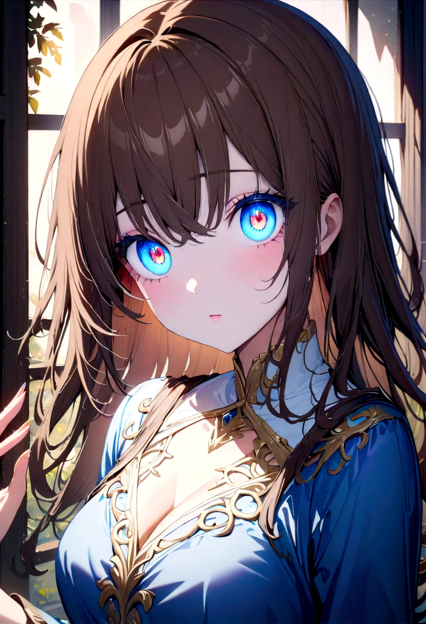 anime girl with brown hair. Blue eyes. blue makeup, blue eye shadow. blue painted lips. blue dress.(Masterpiece:1.2), Best Quality, high resolution, unity wallpaper 8k, (illustration:0.8), (Beautiful detailed eyes:1.6), extremely detailed face, perfect lighting, Extremely detailed CG, (perfect hands, perfect anatomy),