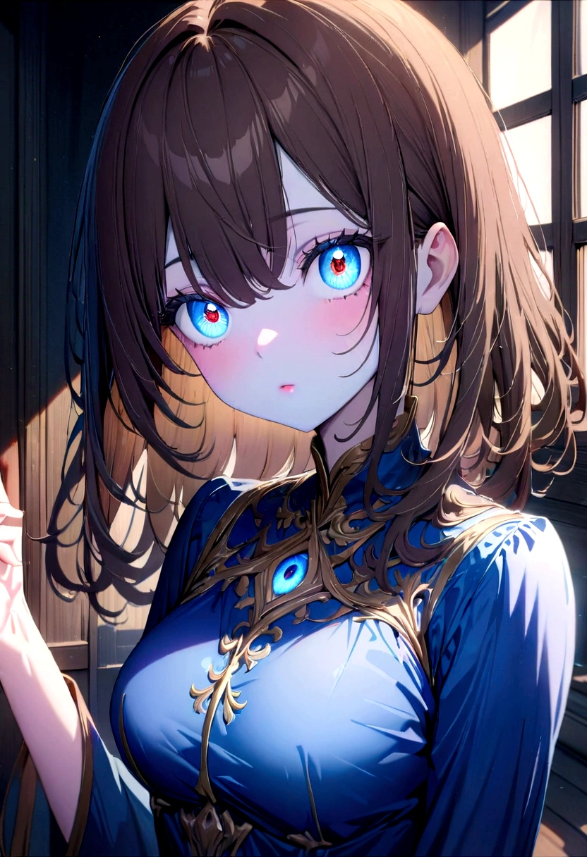 anime girl with brown hair. Blue eyes. blue makeup, blue eye shadow. blue painted lips. blue dress.(Masterpiece:1.2), Best Quality, high resolution, unity wallpaper 8k, (illustration:0.8), (Beautiful detailed eyes:1.6), extremely detailed face, perfect lighting, Extremely detailed CG, (perfect hands, perfect anatomy),