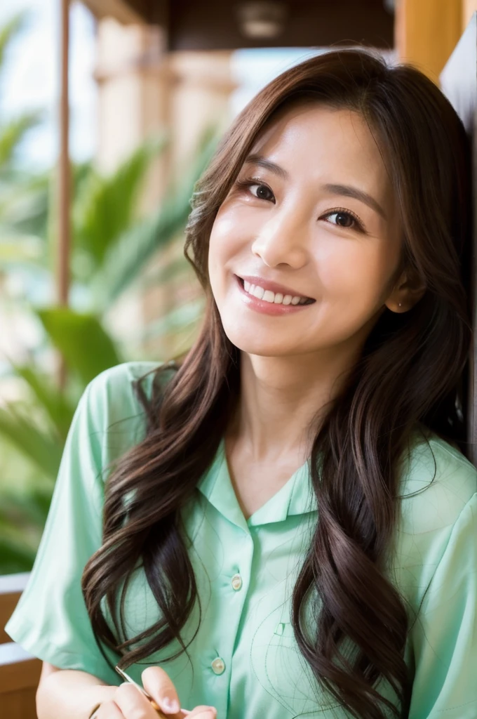 in the hotel, ((Best quality)), ((8K)), ((Masterpiece: 1.3)), (Perfect appearance), (Photorealism: 1.2), Japanese woman, (45 years old), married woman, realistic skin texture, fine lines all over the skin, dullness, lack of moisture, wrinkles on the face, wrinkles at the corners of the eyes, double eyelids, Her lips are thinly parted, the corners of her mouth are raised in a gentle smile, dimples, long hair, ((full body)),{{hawaii resort hotel}},in the summer resort hotel,