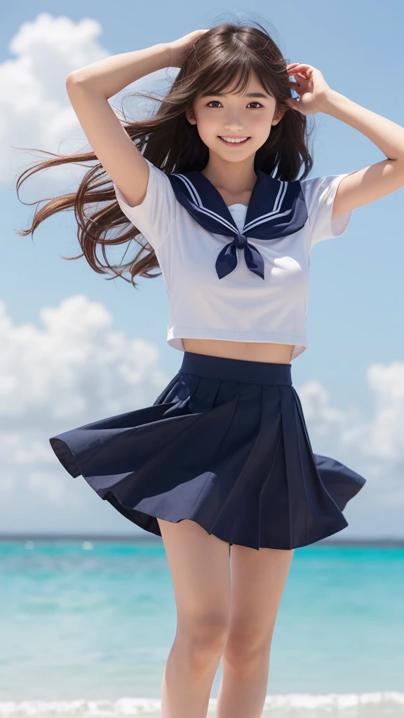 1girl,(((Okinawa ocean)))、(((White sand beaches in Okinawa)))、(((Just join your hands and pray)))、(((Mysterious look)))、8k UHD、Digital single-lens reflex camera、High resolution、Shallow depth of field、Natural light、(((Sailor suit)))、(((navy blue super mini skirt)))、(((A sparkling, charming smile)))、(((Full body photography)) )、Small person、(((Young face)))、1 Japanese female、;beautiful girl、(Black Hair)、A strong wind blows up my skirt、(((Brown eyes)))、Glowing Skin、Smooth Thinning Hair、Long Hair、Detailed background、Detailed eyes and face、Clear Eyes、Cute smile、Calm atmosphere、(((stage)))、(((Small breasts)))、(((Beautiful Eyes)))、Flat chest、Children、(((Toned thighs))) 、(((Angle from below) ))、(((Fine lips)))、(((Skirt fluttering)))、Shining beautiful legs、( Skirt fluttering violently in the strong wind :1.4), (hair blowing in the strong wind:1.4), (leaning forward)、barefoot、barefoot、((((A skirt flipped up by a strong wind))))