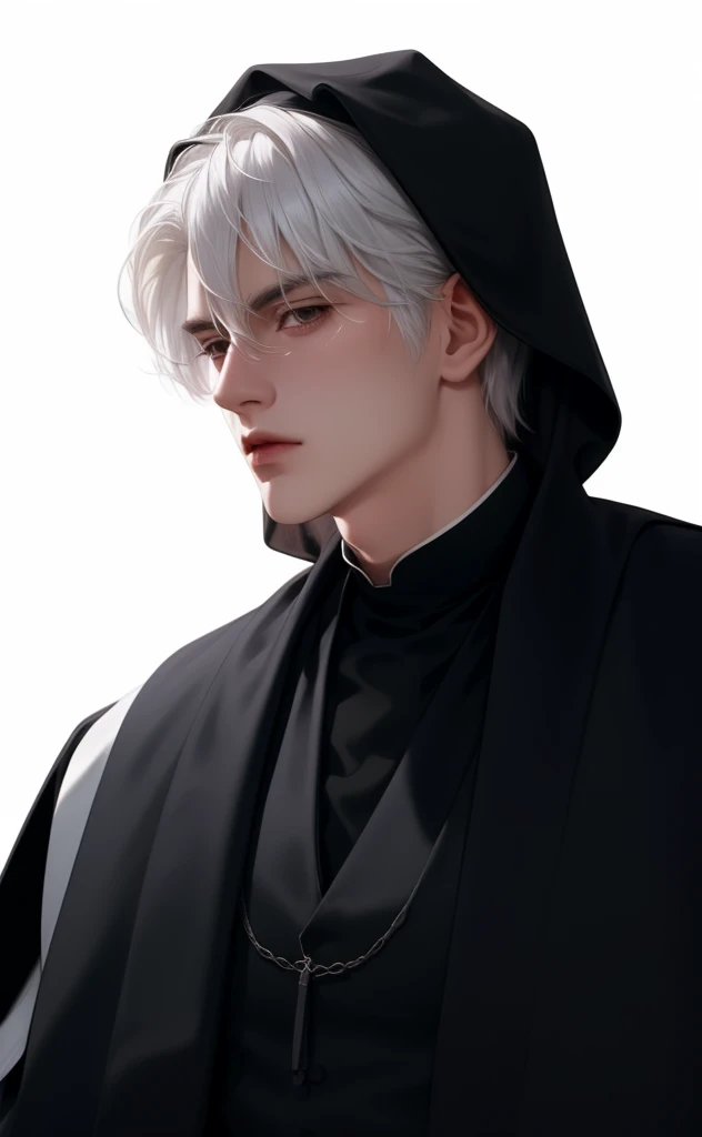 (masterpiece,best quality,ultra_detailed,highres,absurdres),1man, male focus, solo, white hair, priest, simple white background, blind eyes, upper body, vest, white hair, looking at viewer, parted lips, priest dark clothes, black clothes, handsome (looking away:1.2)