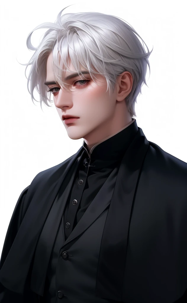 (masterpiece,best quality,ultra_detailed,highres,absurdres),1man, male focus, solo, white hair, priest, simple white background, blind eyes, upper body, vest, white hair, looking at viewer, parted lips, priest dark clothes, black clothes, handsome (looking away:1.2)