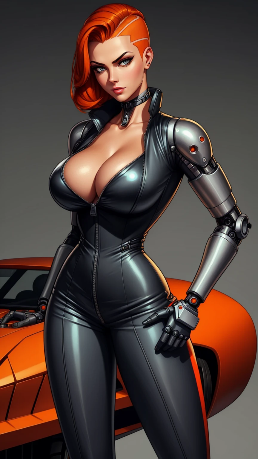 Femme Fatale, gorgeous mechanic, atompunk, blank background, retro-futurism, mechanical hand, cybernetic augments, unzipped orange jumpsuit, gunmetal grey, cleavage, half shaved head, ginger hair