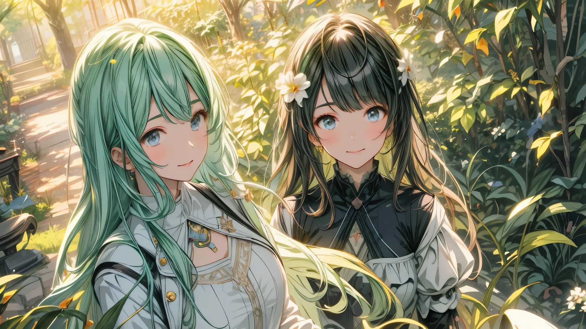 anime characters in a garden with a ray of sun, two beautiful anime girls, 4K anime style, Wlop and Sakimichan, detailed digital anime art, artwork in the style of guweiz, detailed anime illustrations, High quality 8K detailed art, anime art wallpaper 4k, anime art wallpaper 4k, anime girls, loish and wlop